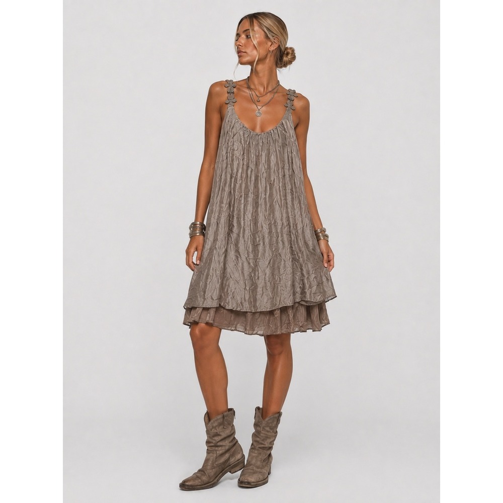Tina Stephens Italy Silk Blend Layered Dress Taupe Floral Straps Size OS